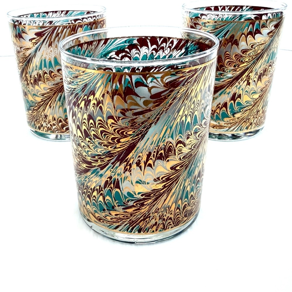 Set of 3 Vintage Culver Low Ball Glasses Marble 22 Gold Teal Maroon Swirl MCM